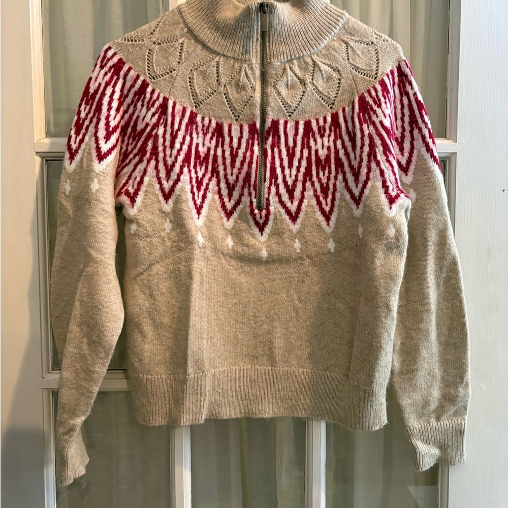 LOFT Beige and Red Knit Cardigan